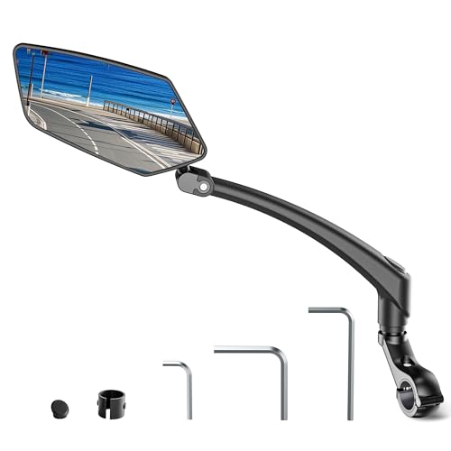 Bicycle Mirror for E-Bike Left, 360° Foldable & Rotatable Bicycle Rear View Mirror, Bicycle Mirror Left for Ebikes with Large Mirror Surface, Long Arm and Impact-resistant Real Glass, E Scooter