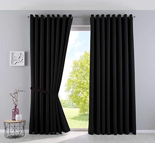 Gardinenbox NewYork 201920600-2 Opaque Thermal Curtains Blackout Eyelets Sound-Absorbing Oeko-Tex UV Protection Tiebacks 100% Polyester Black H 225 x W 295 cm