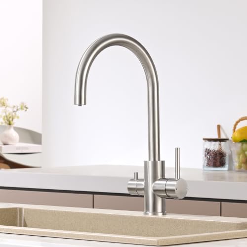 CECIPA Rubinetto Lavello Cucina, Rubinetto Filtro Acqua 3 Vie, 2 Maniglie | Miscelatore Osmosi Cucina per Depuratore, Girevole a 360°, Acqua Calda e Fredda, Acciaio Inox, Spazzolato