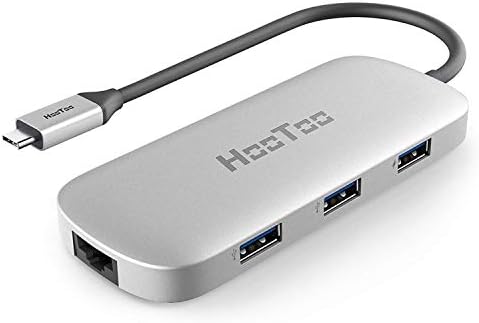 HooToo USB C Hub with Extended Cable （22cm）, 6-in-1 USB C Adapter with Ethernet, HDMI, Power Delivery, 3 USB 3.0 Ports USB C Network Adapter for MacBook/Pro/Air and Type C Windows Laptops - Silver