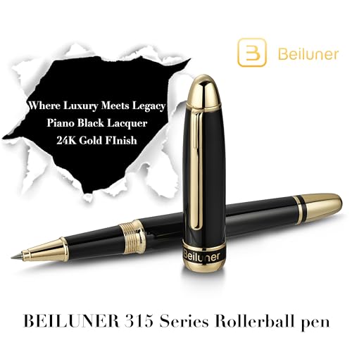 BEILUNER 315 Bolígrafo Roller de Lujo, Acabado en Oro 24K Premiun y Laca Piano Pulida, Set de Regalo Ejecutivo para Profesionales y Graduados, Estilográfica de Oficina Refinada - Negro y Oro