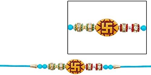 Rakhi Thread for Brother Bhaiya with Multicolor Stones &amp; Centered Swastik Design for Rakshabandhan Rakhee Bracelet ( Blue )