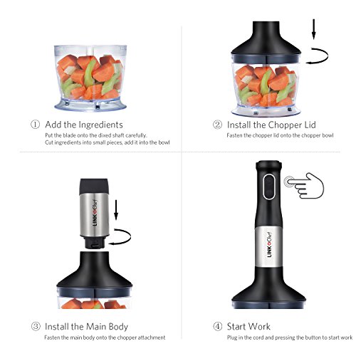 Immersion Blender LINKChef Hand Blender Stick Mixer Food Processor, Egg Whisk, Robust Stainless Steel, 3 in 1 500W 20 speeds Silver/Black (HB-2140T) – 3 Years Warranty