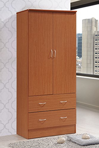 Hodedah Two Door Wardrobe, with Two Drawers, and Hanging Rod, Cherry