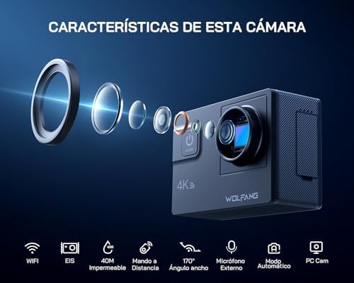 GA300 Cámara Acción 4K, Submarina 40m Impermeable con Tarjeta 32GB, WiFi 60FPS 24MP, Zoom 8X + Gran Angular 170° EIS, Mando 2.4G, Pantalla Táctil, 2 Baterías 1350mAh