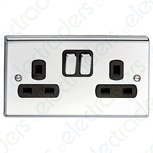 Deta SD1209CHB Switched Socket Outlet 13 Amp - 2 Gang (Polished Chrome/Black Inserts)