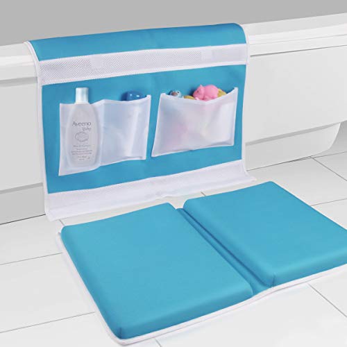 Bath Kneeler and Elbow Rest Bathtub Kneeling Pad with Toy Organizer - Baby Kneeling Mat for Baby Bath Time, Garden Work, Exercise - Detachable and Foldable Child Bath Tub Padding for Parents - Blue