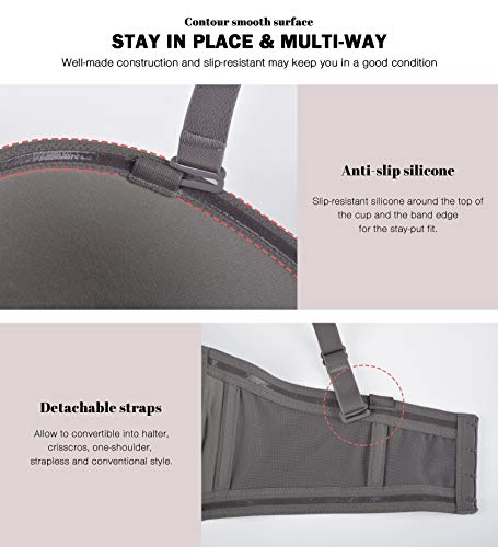 HANSCA Women Strapless Bra Convertible Multiway Full Cup Anti-Slip Lift Underwire Bra Plus Size (Coffee, 32D)