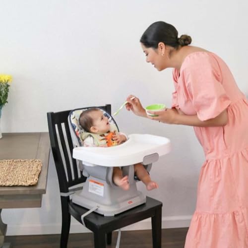 Fisher-Price SpaceSaver High Chair Navy Foliage, portable infant-to-toddler dining chair and booster seat with easy clean up features