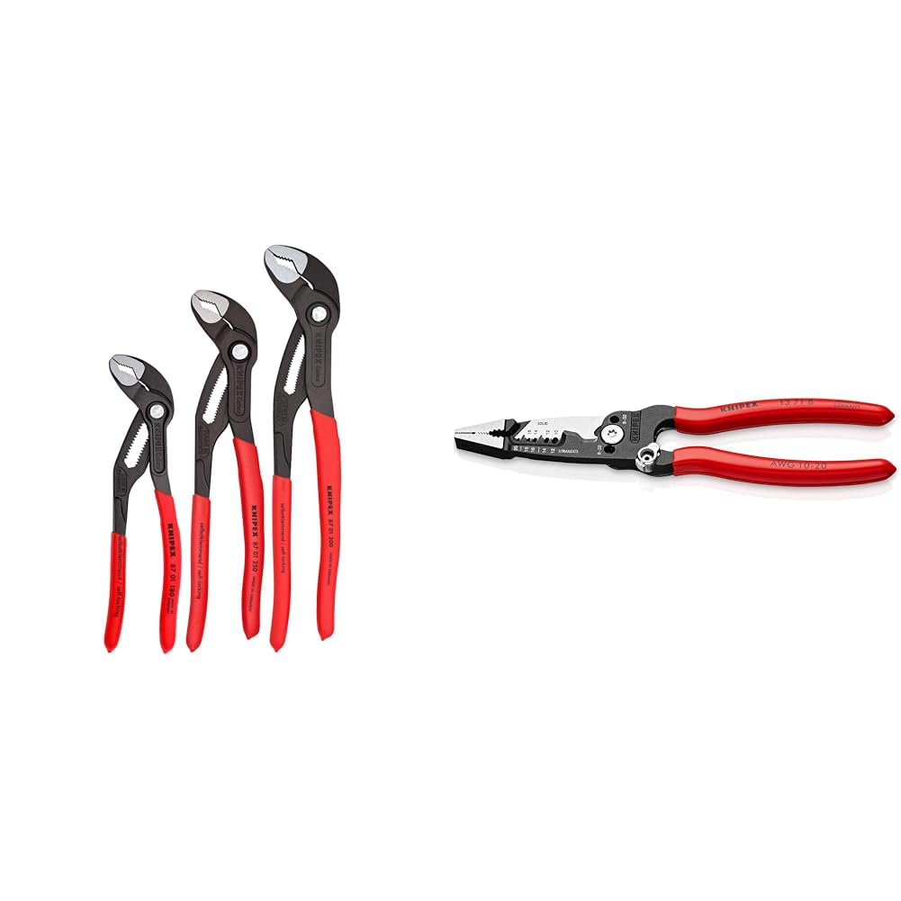 KNIPEX Tools - 3 Piece Cobra Pliers Set (7, 10, & 12) (002006US1) & Tools 13 71 8 Forged Wire Stripper, 8-Inch Image