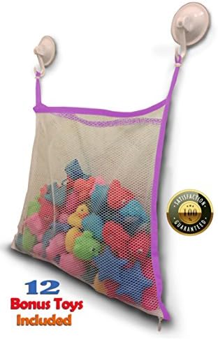 Bath Toy Organizer + 12 BPA-Free Bonus Baby Toys - Extra Large Mesh Net Storage Bag - Innovative Bottom Zipper and Hook Reinforcement - Purple