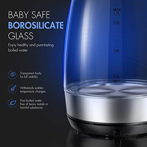 Electric Kettle 1.7L, NOVETE 1500W Glass Electric Tea Kettle, BPA-Free & 304 Stainless Steel Hot Water Kettle Heater With LED Indicator Light, Auto Shut-Off & Boil-Dry Protection, Fast Boiling Kettle (Black)