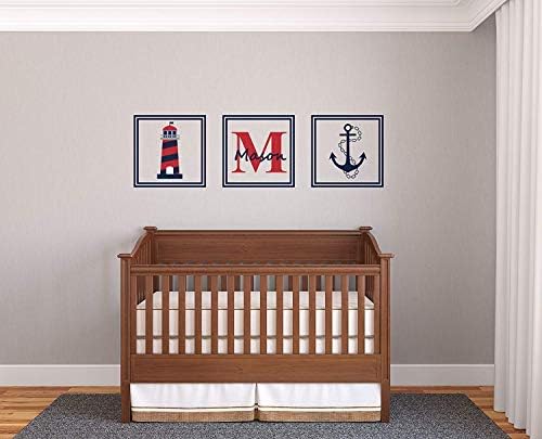 Personalized Name & Initial Lighthouse and Anchor - Prime Series - Nursery Wall Decal for Baby Room Decorations - Mural Wall Decal Sticker for Home Children's Bedroom(MM46) (Wide 22"x7" Height)