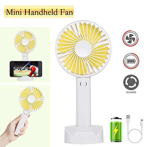 Battery Handheld Fan, Portable Battery Operated Fan : Rechargeable & Adjustable 3 Speeds Mini Personal Electric USB Fan with Desk Stand for Home/Office/Travel/Outdoor (White)