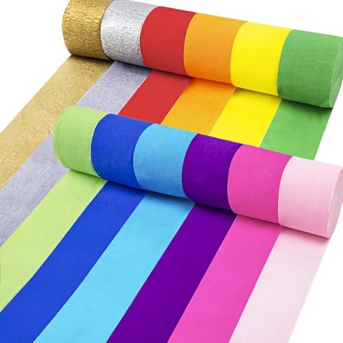 Crepe Paper Streamer Set, Rainbow Colored Party Decorations, Multi-Color Streamers for Weddings, Birthdays, and Indoor Events, Festive Backdrop and Ceiling Decor 984ft 12-Roll