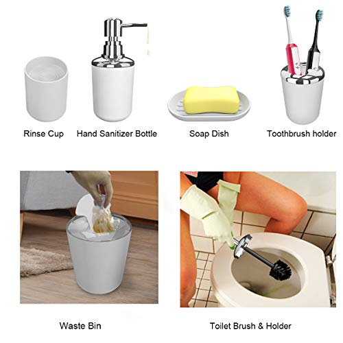 Bathroom Accessories Set 6 Pieces Plastic Bathroom Accessories Toothbrush Holder, Rinse Cup, Soap Dish, Hand Sanitizer Bottle, Waste Bin, Toilet Brush with Holder (White)
