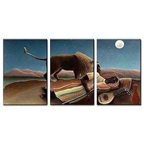 3 Panel World Famous Painting Reproduction on Canvas Wall Art - The Sleeping Gypsy by Henri Rousseau - Modern Home Art Ready to Hang - 16"x24" x 3 Panels