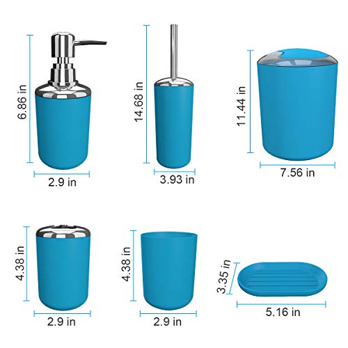Bathroom Accessories Set 6 Pieces Plastic Bathroom Accessories Toothbrush Holder, Rinse Cup, Soap Dish, Hand Sanitizer Bottle, Waste Bin, Toilet Brush with Holder (Blue)