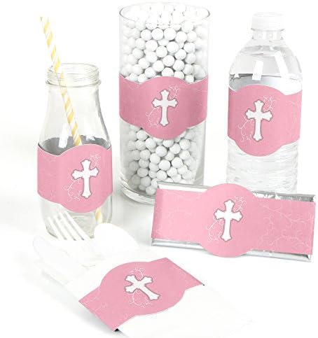 Little Miracle Girl Pink & Gray Cross - DIY Party Supplies - Baptism Party DIY Wrapper Favors & Decorations - Set of 15