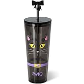 Swig Life 24oz Plastic Tumbler, Halloween Cup Holder Friendly Travel Tumbler with Lid & Straw, BPA Free Plastic Cups, 24 oz Reusable Water Cup with Lid & Straw (Boo Crew Cat)