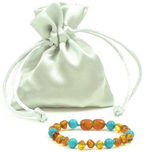Baltic Amber Teething Bracelet / Anklet {0056} Mixed with Turquoise Beads - 5.5 inches - Amber Jewelry - Hand-Made from Natural Baltic Amber Beads (5.5 inches (14 cm), Cognac / Turquoise (Green))