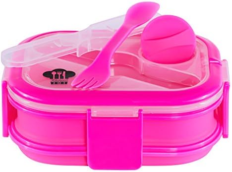 Kitchen Pro 101 Expandable & Collapsible Dual Layer Bento Box Silicone Container Children/Adult Lunch Box, 2 Compartments with Condiment Lid (Pink)