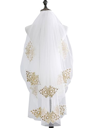 Cibelle 2 Tiers Elegant Gold Lace Applique Sequin Bridal Short Wedding Veils Fingertip Length White