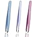 Tweezers Set of 3 Stainless Steel With Leatherette Case (Frosted Glitter Series: Blue Flat, White Pointed and Pink Slant Tip) Best for Eyebrow/Ingrown Hair - Precision Tweezer Kit