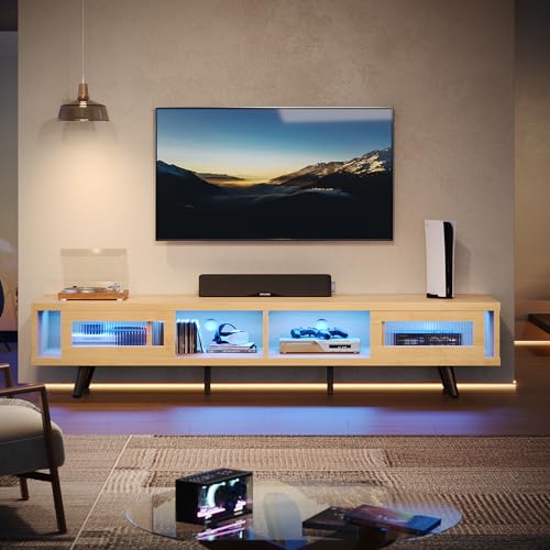 Bestier Mid Century Modern TV Stand for 75 inch TV, 70 inch TV Stand with Storage and Tempered Glass Sliding Doors, Low Profile TV Consoles, Stylish, LED Light, Modern, White Maple