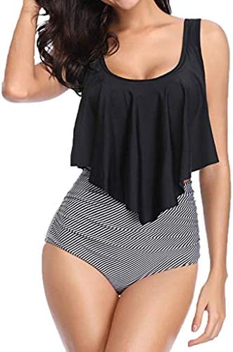 YOMXL Womens Push Up Padded Plus Size 2 Piece Ruffle Tankini Swimsuits With Striped Boy Shorts Geometric Lines Bathing Suit