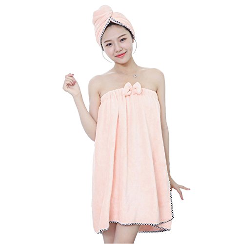 Fyore Coral Velvet Bath Skirt Body Wrap Set Absorbent Plush Women Bath Towel Adjustable with Hair Drying Towel for Shower Spa (Pink)