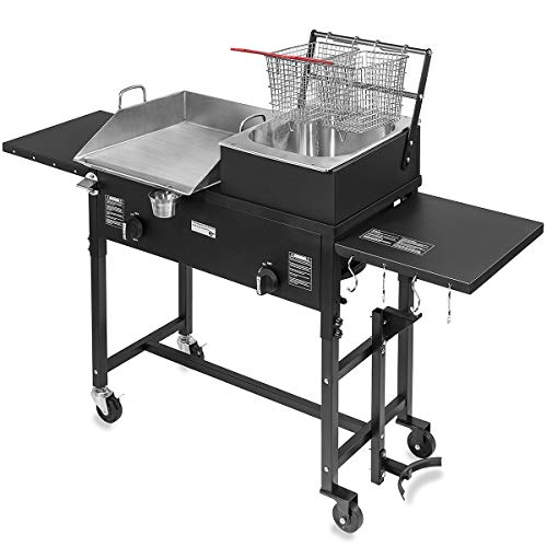 Barton 58,000 BTU Outdoor Gas Propane Double Burner Stove Cook Station Flat Top Griddle and Deep Fryer BBQ Grill Camp Side Table