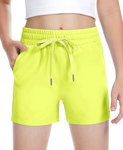 QooNoo Girls Athletic Shorts with Pockets Lightweight Active Running Shorts Elastic Waist Sports Quick Dry Shorts for Teen Kids(Neon Yellow,Small) at Amazon