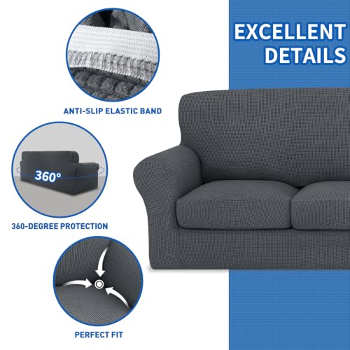 MAXIJIN 4 Piece Couch Covers for 3 Cushion Couch Super Stretch Sofa Cover for Dogs Pet Proof Fitted Furniture Protector Spandex Jacquard Non Slip Magic Sofa Slipcover Washable (Large, Gray)