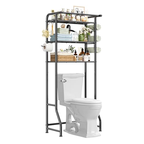 Simple Trending Over The Toilet Storage Cabinet, Metal Bathroom Shelf Organizer with Paper Holder and Hooks, 3 Tier, Black