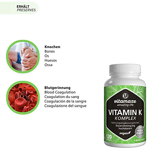 Vitamin K Komplex hochdosiert & vegan, K1 1.000 mcg + K2 Menaquinon (1.000 mcg MK4 + 200 mcg MK7), 120 Kapseln für 4 Monate, beste Bioverfügbarkeit, Made in Germany – Bild 5