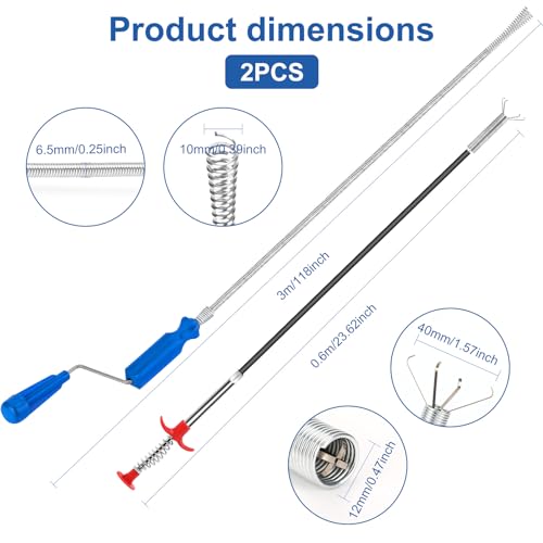 Set of 2 Professional Drain Unblocker 3 m & 0.6 m Unblocker Toilet Drain Unblocker Ferret Plumbing Unblocker Sink Unblocker Probe for Toilet Sink Drain