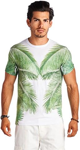 Forever21 21 Men Green White Palm Tree Crew Neck Print Shirt