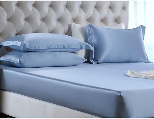 Orose 3Pcs 100% Mulberry Silk Fitted Sheet Set 19MM Seamless,Deep Pocket, Gift Wrap (King, Light Blue)