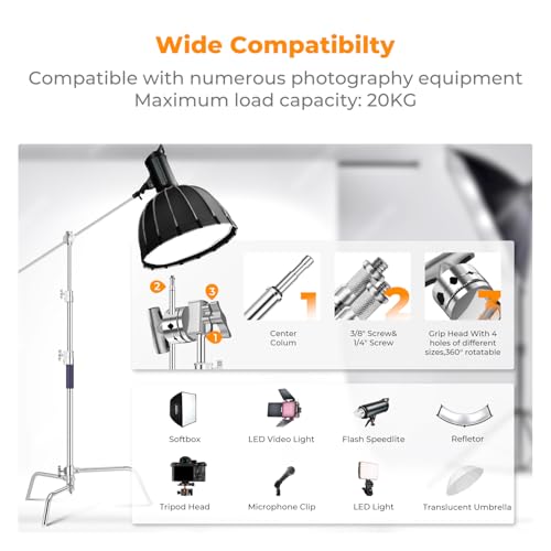 K&F CONCEPT Heavy Duty C Stand 10.8ft/330cm with Holding Arm Carry Bag Sandbag, 2*Grip 1* Sandbag Head Stainless Steel Photography Light Stand C-Stand Sturdy for Studio Monolight, Softbox, Reflector