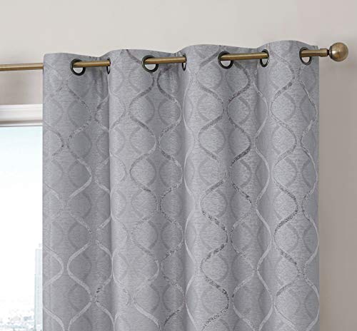 HLC.ME Versailles Lattice Flocked 100% Complete Blackout Thermal Insulated Window Curtain Grommet Panels – Energy Savings & Soundproof, For Living Room & Bedroom, Set of 2 (50 x 72 inches, Light Grey)