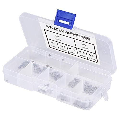 Hilitand 140 Pcs Hex Nuts M1/M1.2/M1.4/M1.6/M2/M2.5/M3 Stainless Steel Nut Small Hexagonal Nuts Thread Fastener with Storage Box
