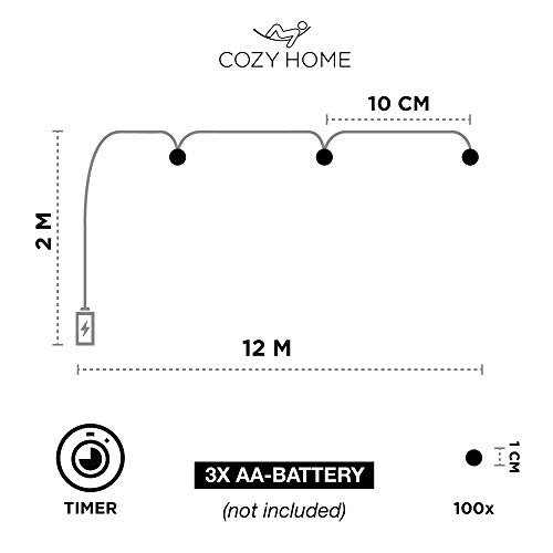 CozyHome Led-lichtsnoer voor buiten, op batterijen, 12 meter koperdraad met 100 leds, warmwit, lichtketting voor balkon… - Afbeelding 5