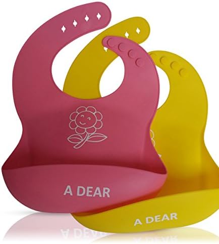 [NEW DESIGN] A Dear Quality Waterproof Silicone Baby &amp; Toddler Bibs| 2 in 1 Pack Baby Girls Antibacterial, Comfortable &amp; Easy Cleaning Feeding Bibs| FDA Approved (Yellow &amp; Pink)