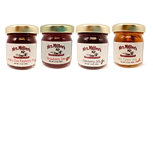 Mrs. Miller's Mini CLASSIC Sampler Variety 1.5 oz. - Pack of 8 (2 of ea): Seedless Red Raspberry Jam, Strawberry Jam, Elderberry Jelly & Hot Pepper Jelly with a Chocolate Lip Balm by Jarosa Gifts