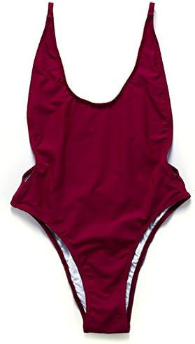 Cuplum Sexy Solid Color One Piece Swimsuit Backless U-Neck High Cut Bathing Suits (M(US 6-8), RED/CO1701)