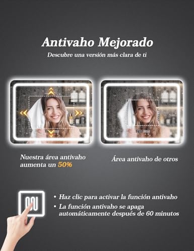 SAGIWO Espejo de Baño LED Cuadrado de 90 * 70 cm, Espejo Inteligente para Baño Antivaho con Luz Ajustable,Iluminado en 3 Colores con Espejo de Pared Horizontal,Botones Táctiles