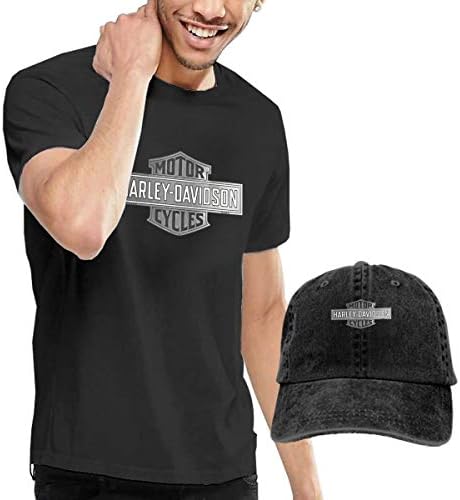 Men's Harley Davidson Logo Cute Cotton Short Sleeve T-Shirt and Cowboy Hat Black