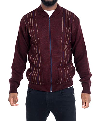 Louie James Mens Classic Zip and Button Up Gentleman Cardigan Long Sleeve Pattern Knitwear (Striped Zip - Burgundy, M)