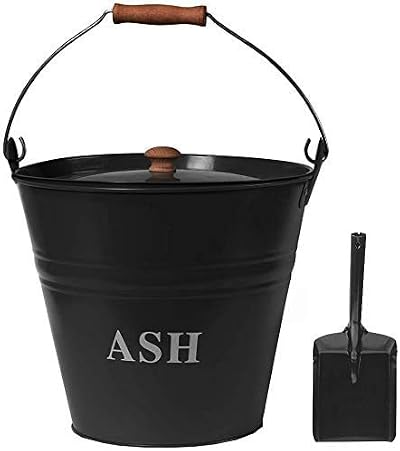 Muddy Hands Black Fireplace Ash Bucket with Lid Wooden Handle & Shovel Coal